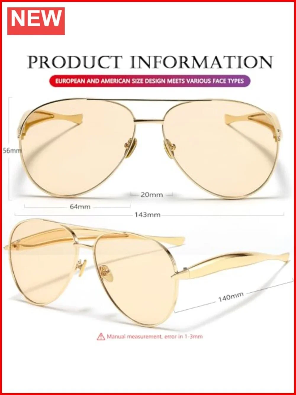 Gold Oversized Aviator Sunglasses UV400 Protection Thick Frame Pilot Shades